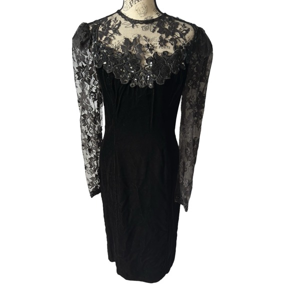 Vtg Scott McClintock Velvet Lace Dress Sz 10 Black Sequins Goth Vamp Victorian - Picture 1 of 15